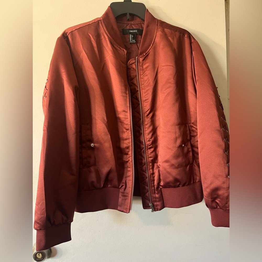 Forever 21 maroon satin bomber jacket with lace up sleeves
